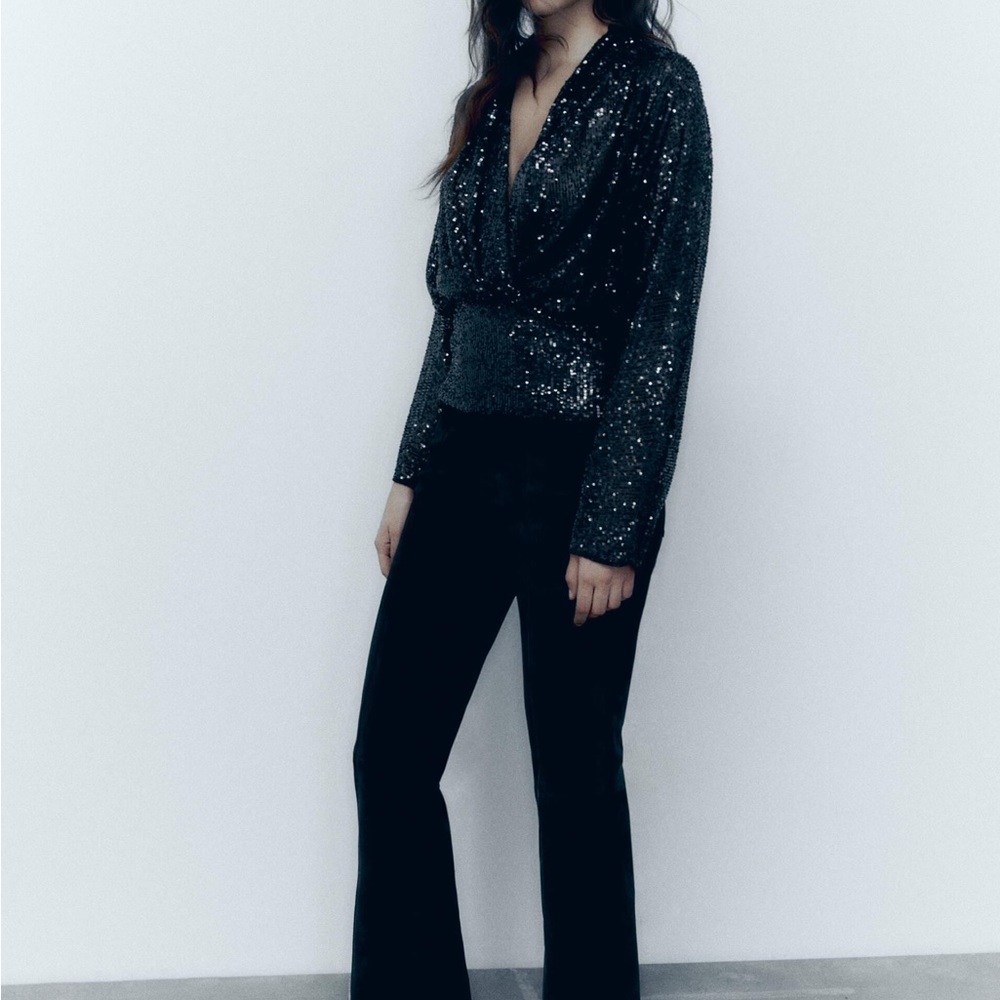 NWT Zara Draped Black Sequin Blouse - Picture 6 of 13